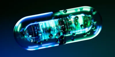 Una ilustración conceptual de una cápsula de fármaco llena de microchips, que representa la integración de la inteligencia artificial en el descubrimiento y desarrollo de fármacos.