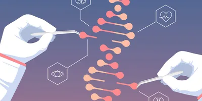 Una ilustración que muestra una hebra de ADN y científicos eliminando segmentos con pinzas, lo que representa la tecnología de edición de genes CRISPR.
