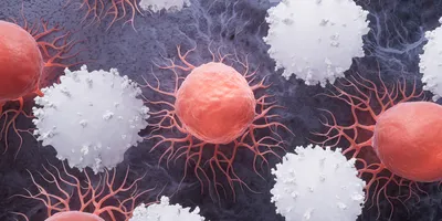 Una ilustración que muestra células cancerosas rojas rodeadas de células inmunes blancas que interactúan sobre un fondo de textura oscura.