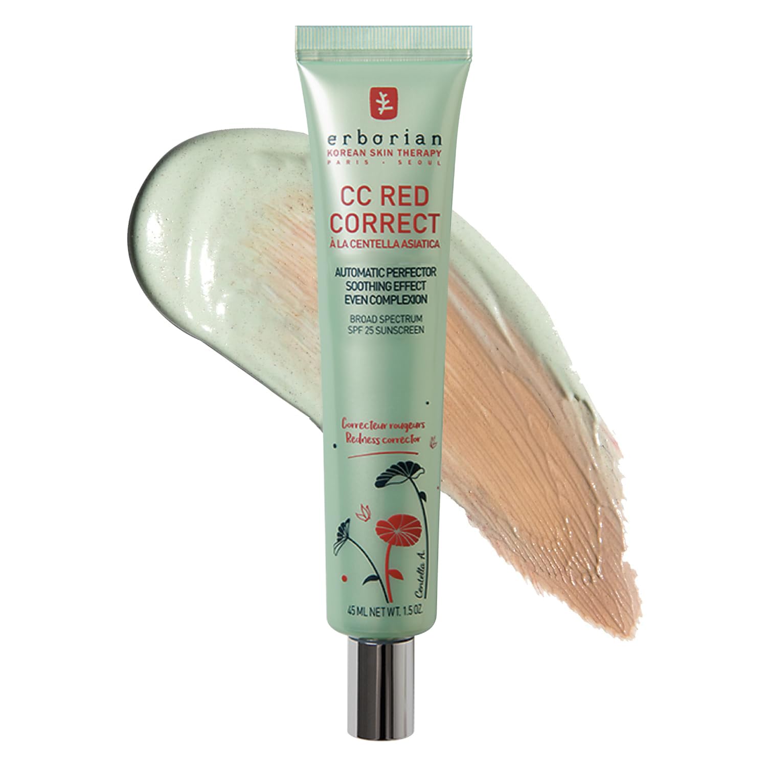 Erborian Cc Red Correct: primer corrector verde para el cuidado de la piel con brillo asiático, corrector de color iluminador con cobertura de enrojecimiento y atenuación. Spf 25 - Cica, Cuidado de la piel coreano, 1.5 oz