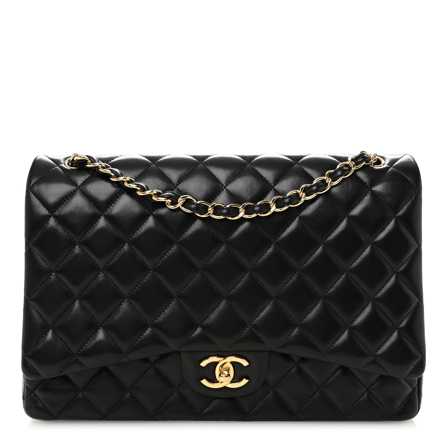 Maxi doble solapa acolchada de piel de cordero Chanel Negro