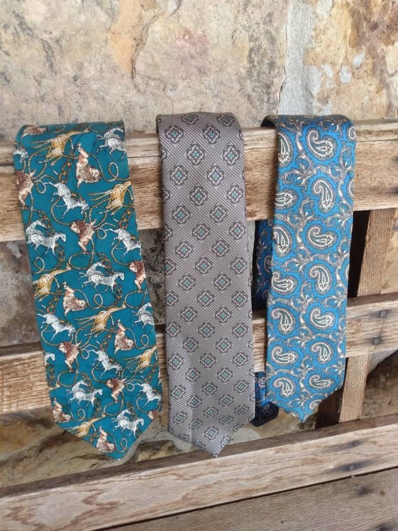 Conjunto de corbata de seda vintage de los años 80: estampado animal, paisley, estampado de diamantes