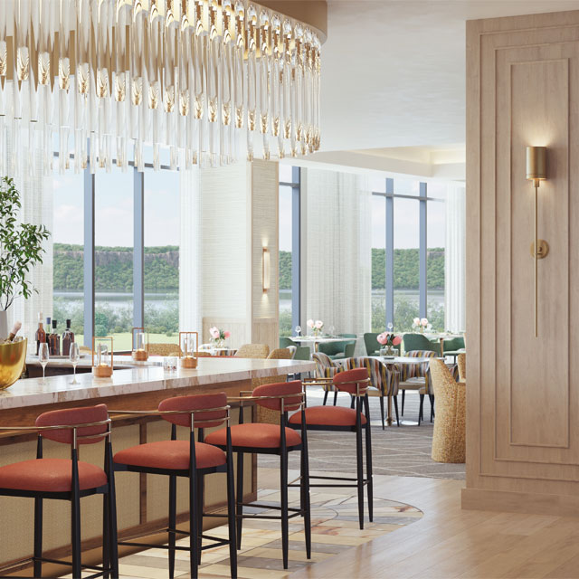 El salón y el bar de River's Edge. Diseñado por Perkins Eastman.