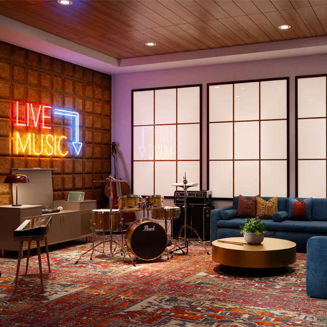 La sala de música de River's Edge. Diseñado por Perkins Eastman.