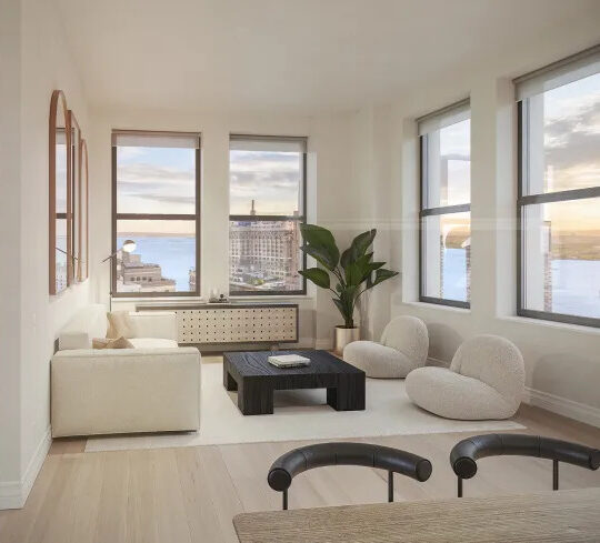 Una sala de estar en el 61 de Broadway. Diseñado por CetraRuddy.