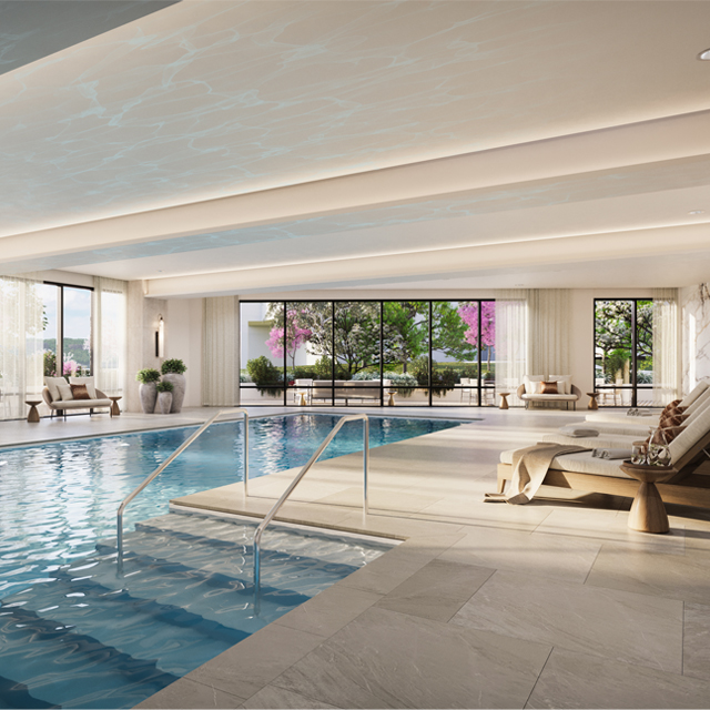 La piscina cubierta de River's Edge. Diseñado por Perkins Eastman.