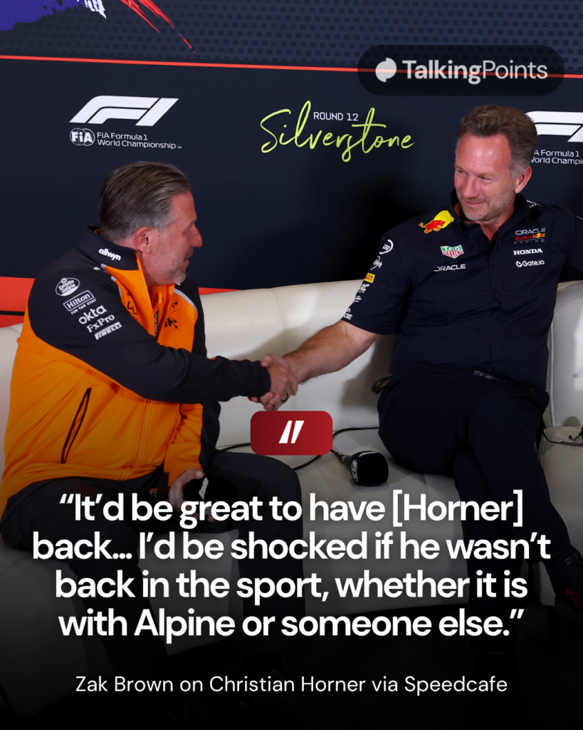 El CEO de McLaren, Zak Brown, da la mano a Christian Horner en una conferencia de prensa en el Gran Premio Británico de F1 2025