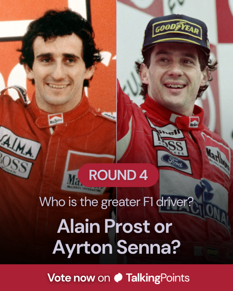 Imagen dividida de Alain Prost y Ayrton Senna celebrando en los podios durante su carrera en la F1