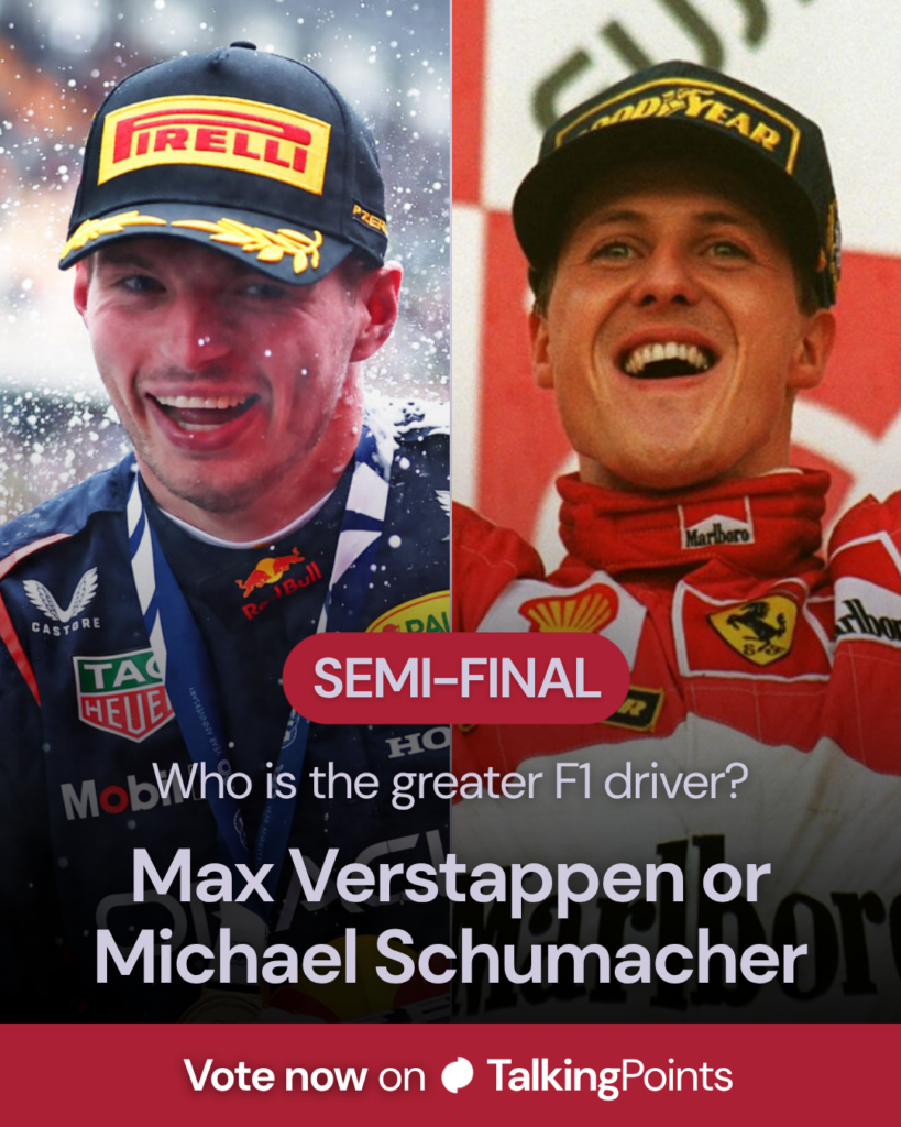Imagen dividida de Max Verstappen y Michael Schumacher celebrando los podios