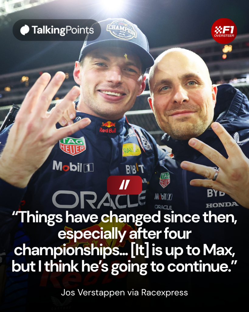El piloto Red Bull Max Verstappen celebra con Gianpiero Lambiase tras ganar su cuarto título de F1 en el Gran Premio de Las Vegas 2024