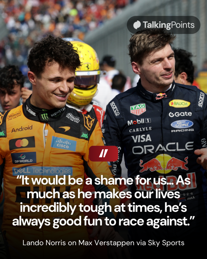 Lando Norris de McLaren habla con Max Verstappen de Red Bull antes del Gran Premio de Australia de F1 2026