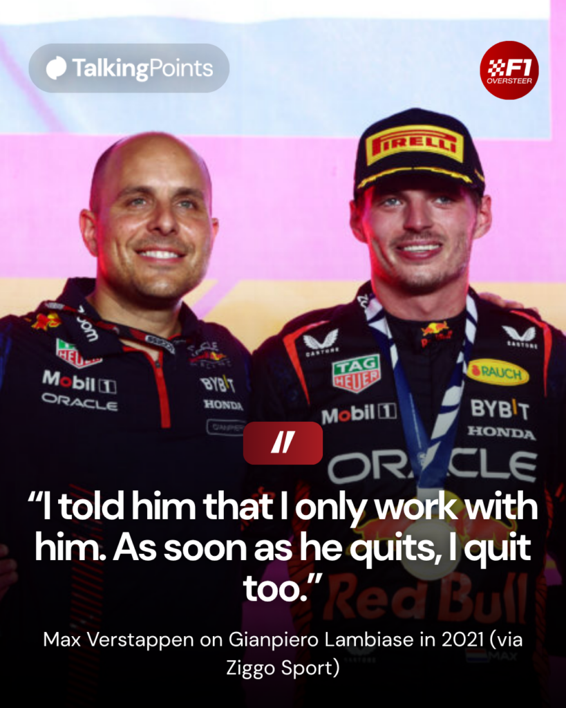 El ganador de la carrera Max Verstappen de los Países Bajos y Oracle Red Bull Racing, el segundo clasificado Oscar Piastri de Australia y McLaren, el tercer clasificado Lando Norris de Gran Bretaña y McLaren y el ingeniero de carreras de Red Bull Racing Gianpiero Lambiase celebran en el podio durante el Gran Premio de F8 de octubre de 2023 en la ciudad de Lusail Qatar.