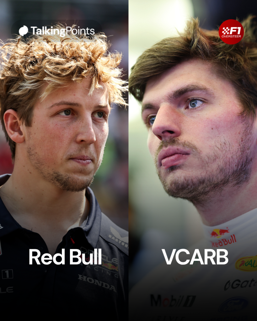 Liam Lawson con los colores de Red Bull; Max Verstappen en el garaje de Red Bull