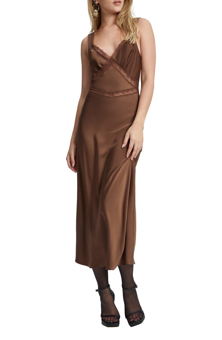 Vestido midi de satén con recortes de encaje Emory