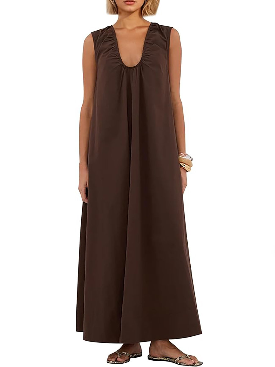 Arderemos, Ardem Vestido maxi con frunos sin mangas para mujer de cuello abierto Vestidos largos y elegantes Vestido de blusa con tirantes anchos con bolsillos laterales marrón