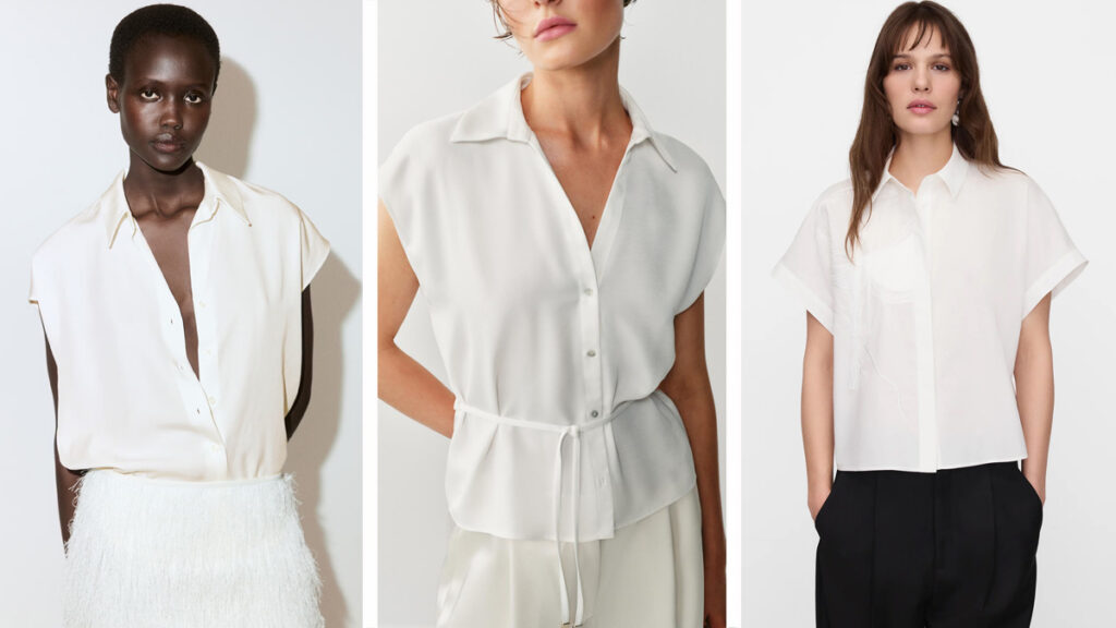 MANGO Blusa oversize (PVP: 22.95€) // ZARA Camisa blanca con cinturón (PVP: 25.95€) // ADOLFO DOMINGUEZ Blusa blanca de manga corta (PVP: 129€)