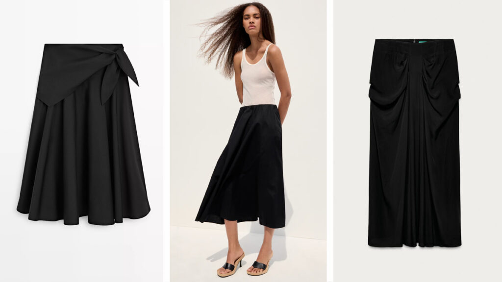 MASSIMO DUTTI Falda con lazo en la cintura (PVP: 59.95€) // MANGO Falda larga de corte midi (PVP: 29.99€) // ZARA Diseño drapeado (PVP: 59.95€)
